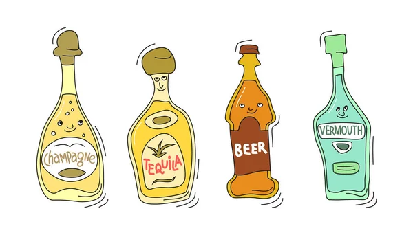 Champán Tequila Cerveza Vermut Con Sonrisa Sobre Fondo Blanco Dibujo — Vector de stock