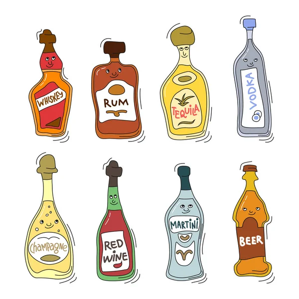 Whiskey Rum Tequila Vodka Pezsgő Vörösbor Martini Sör Mosollyal Fehér — Stock Vector