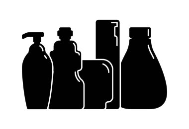 Beş plastik kozmetik kavanoz ürünü. Yağ, maske, krema. Kozmetik konteynır. İnce beyaz çizgileri olan siyah bir siluet tasarımı. Beyaz arkaplanda yassı biçimdeki izole simge