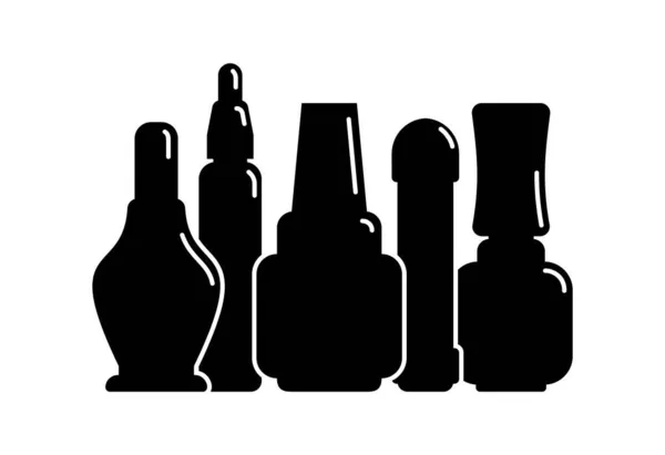 5つの化粧品容器ネイルポリッシュジェルオイル連続して 女性化粧品 プラスチックまたはガラスボトル ファッションとスタイル 黒のシルエット 孤立した物体 イラスト分離白背景 — ストックベクタ