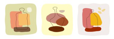 Soyut arka planda rom, şarap ve içki şişesi. Elle çizilmiş çeşitli şekiller, noktalar. Çağdaş modern moda illüstrasyonu. Düz stil tasarımlı minimalist alkollü içecekler konsepti.