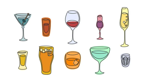 Una Línea Dibujo Martini Ron Vino Tinto Licor Champán Tequila — Vector de stock