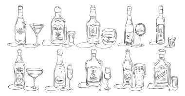 Şişe ve cam martini, tekila, viski, şarap, votka, vermut, şampanya, likör, bira, el yapımı rom. İçecek taslak simgesi. Beyaz arkaplanda çizgi çizimi