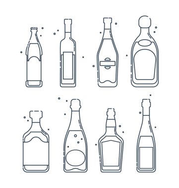 Şişe bira, votka, martini, rom, şampanya, viski, şarap, düz stil. Kutlama tasarımı için restoran alkolik illüstrasyonu. İçecek taslak simgesi. Beyaz arkaplanda izole edilmiş