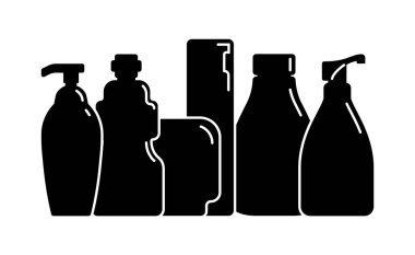 Kozmetik konteynır. Grup plastik kozmetik kavanoz ürünü. Yağ, maske, krema. İnce beyaz çizgileri olan siyah bir siluet tasarımı. Beyaz arkaplanda yassı biçimdeki izole simge