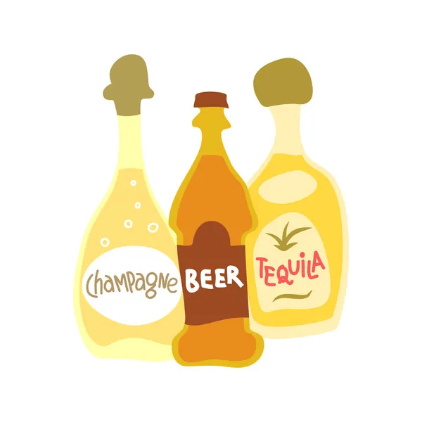 Colección Botellas Con Alcohol Champán Cerveza Tequila Concepto Bebidas Para — Vector de stock