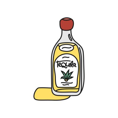 Beyaz arka planda tekila cam şişe taslak ikonu. Renkli karikatür çizimi grafik tasarımı. Doodle tarzı. Elle çizilmiş görüntü. Parti içkileri konsepti. Serbest çizim biçimi