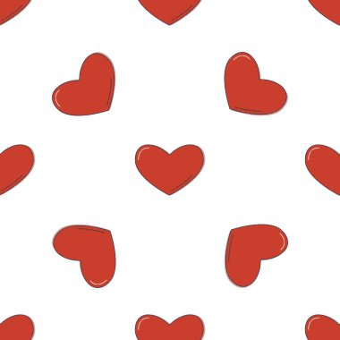 Beyaz arka planda kırmızı kalp şeklinde hatları olmayan bir model. Romantik grafik doku. Tatil kutlaması konsepti. Dekoratif baskı. Geometrik parlak duvar kağıdı. Siyah çizgi