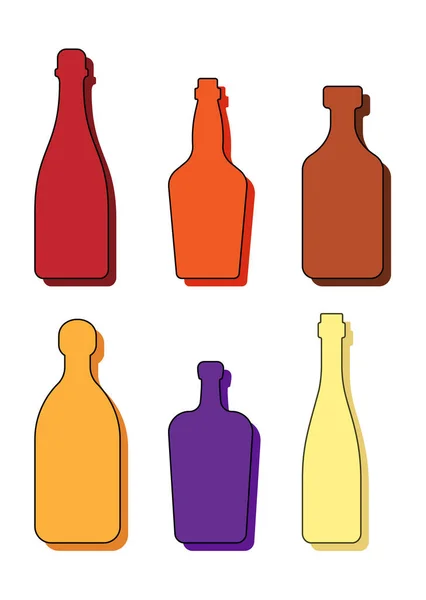 设置饮料 酒精的瓶子 红酒威士忌朗姆酒龙舌兰酒香槟 简单的形状与阴影和光线隔离 白色背景的彩色插图 平面设计风格 — 图库矢量图片