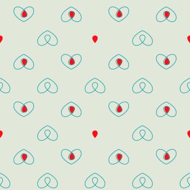 Renk zemininde kırmızı damla olan bir kalbin hatları kusursuz. Romantik grafik doku. Tıbbi konsept. Dekoratif baskı. Geometrik parlak duvar kağıdı. Yeşil Çizgi