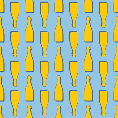 Şampanya şişeleri pürüzsüz. Çizgi sanatı tarzı. Renkli tekrarlama şablonu. Parti içkileri konsepti. Renk arkaplanındaki resim. Herhangi bir amaç için düz tasarım