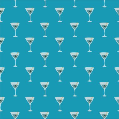 Zeytin ve dikişsiz şiş desenli martini bardağı. Doodle tarzı. Renkli el çizimi resim. Şablonu tekrarla. Parti içkileri konsepti. Serbest çizim. Çizgi film taslağı