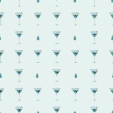 Zeytin ve dikişsiz şiş desenli martini bardağı. Doodle tarzı. Renkli el çizimi resim. Şablonu tekrarla. Parti içkileri konsepti. Serbest çizim. Çizgi film taslağı