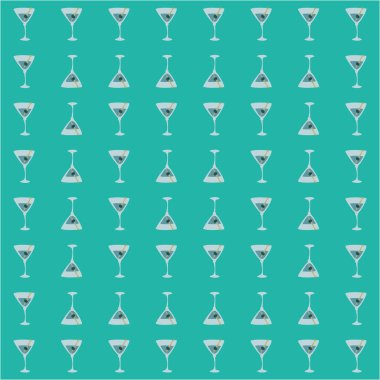 Zeytin ve dikişsiz şiş desenli martini bardağı. Doodle tarzı. Renkli el çizimi resim. Şablonu tekrarla. Parti içkileri konsepti. Serbest çizim. Çizgi film taslağı