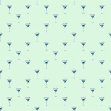 Zeytin ve dikişsiz şiş desenli martini bardağı. Doodle tarzı. Renkli el çizimi resim. Şablonu tekrarla. Parti içkileri konsepti. Serbest çizim. Çizgi film taslağı