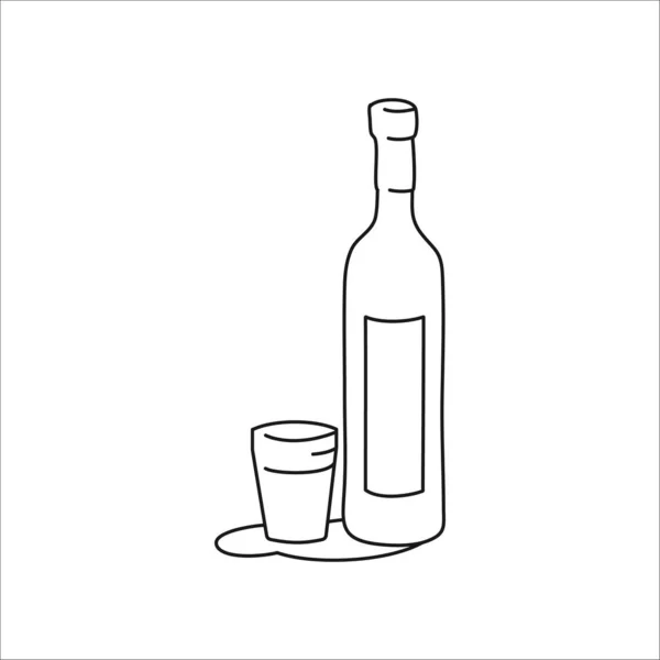 Wodkaflasche Und Glasumrisssymbol Auf Weißem Hintergrund Schwarz Weiße Zeichentrickskizze Grafik — Stockvektor