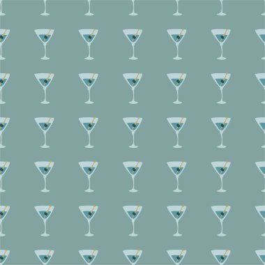 Zeytin ve dikişsiz şiş desenli martini bardağı. Doodle tarzı. Renkli el çizimi resim. Şablonu tekrarla. Parti içkileri konsepti. Serbest çizim. Çizgi film taslağı