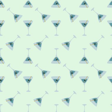 Zeytin ve dikişsiz şiş desenli martini bardağı. Doodle tarzı. Renkli el çizimi resim. Şablonu tekrarla. Parti içkileri konsepti. Serbest çizim. Çizgi film taslağı