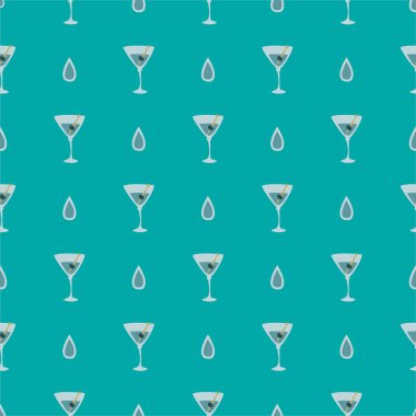 Zeytin ve dikişsiz şiş desenli martini bardağı. Doodle tarzı. Renkli el çizimi resim. Şablonu tekrarla. Parti içkileri konsepti. Serbest çizim. Çizgi film taslağı