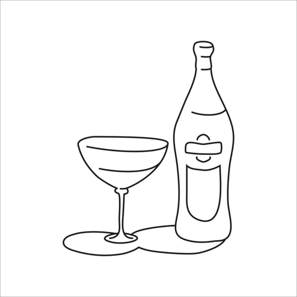 Vermouth Bottle Glass Outline Icon White Background Black White Cartoon — Stockový vektor