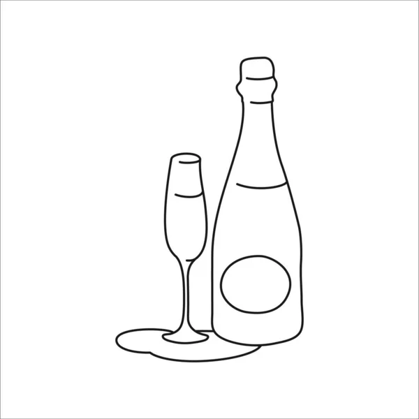 Champagnerflasche Und Glasumrisssymbol Auf Weißem Hintergrund Schwarz Weiße Zeichentrickskizze Grafik — Stockvektor