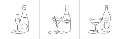 Şampanya martini, vermut şişesi ve beyaz arka planda cam taslak ikonu. Siyah beyaz çizgi film çizimi grafik tasarım. Doodle tarzı. Elle çizilmiş görüntü. Parti içkileri konsepti. Serbest çizim biçimi