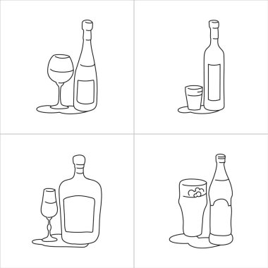 Şarap, likör, bira şişesi ve beyaz arka planda cam taslak ikonu. Siyah beyaz çizgi film çizimi grafik tasarım. Doodle tarzı. Elle çizilmiş görüntü. Parti içkileri konsepti. Serbest çizim biçimi