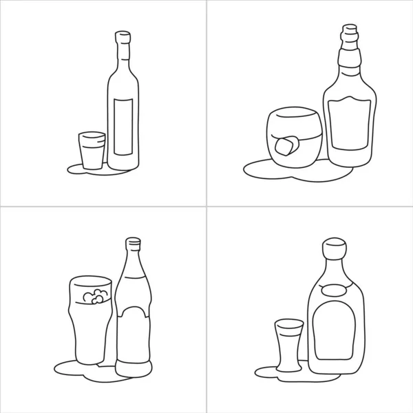 Vodka Beer Whiskey Liquor Bottle Glass Outline Icon White Background — Stockový vektor