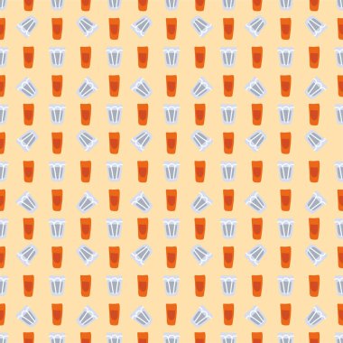 Votka ve rom bardağının dikişsiz şekli, her şey için harika bir tasarım. Doodle tarzı. Elle çizilmiş görüntü. Şablonu tekrarla. Parti içkileri konsepti. Serbest çizim. Çizgi film taslağı