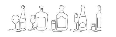 Wine liquor rum champagne vodka bottle and glass outline icon on white background. Black white cartoon sketch graphic design. Doodle style. Hand drawn image. Party drinks concept. Freehand drawing style