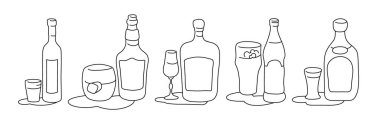 Vodka whiskey liquor beer tequila bottle and glass outline icon on white background. Black white cartoon sketch graphic design. Doodle style. Hand drawn image. Party drinks concept. Freehand drawing style