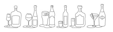 Liquor wine beer vodka rum martini bottle and glass outline icon on white background. Black white cartoon sketch graphic design. Doodle style. Hand drawn image. Party drinks concept. Freehand drawing style