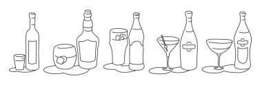 Vodka whiskey beer martini vermouth bottle and glass outline icon on white background. Black white cartoon sketch graphic design. Doodle style. Hand drawn image. Party drinks concept. Freehand drawing style