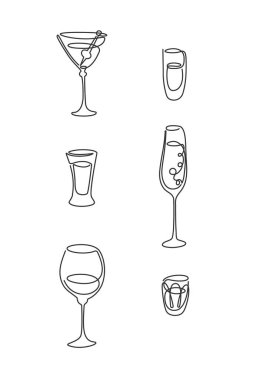 One line drawing martini rum tequila champagne wine vodka glass on white background. Freehand black white cartoon graphic sketch. Hand drawn continuous line way