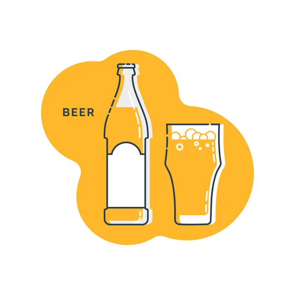 Bottle Glass Beer Line Art Flat Style Restaurant Alcoholic Illustration — 图库矢量图片