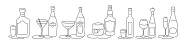 Rum martini vermouth whiskey vodka wine champagne bottle and glass outline icon on white background. Black white cartoon sketch graphic design. Doodle style. Hand drawn image. Party drinks concept