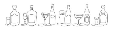 Rum liquor martini beer vermouth whiskey wine bottle and glass outline icon on white background. Black white cartoon sketch graphic design. Doodle style. Hand drawn image. Party drinks concept