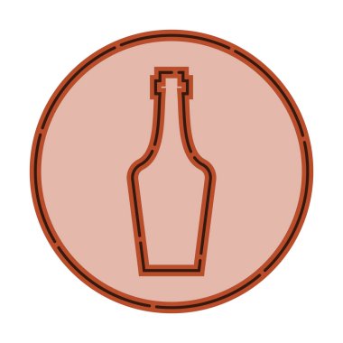 Bir şişe viskinin düz bir şekilde ince çizgiler halinde resmedilmiş hali. Arka planda renkli içecek çemberi var. İzole nesne tasarımı içeceği. Restoran, bar ve parti için basit bir simge.