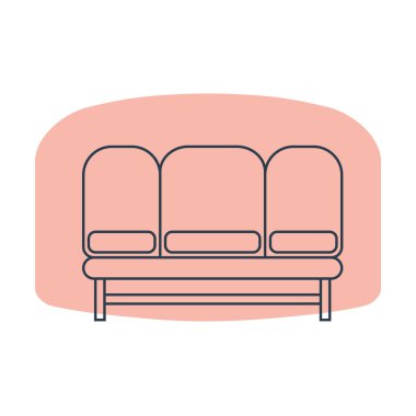 Comfortable sofa with three pillow. Image of couch in line art style. Element furniture of the interior. Modern stylish object for relaxation. Flat illustration with settee on shape background.