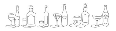 Wine rum vodka martini whiskey vermouth bottle and glass outline icon on white background. Black white cartoon sketch graphic design. Doodle style. Hand drawn image. Party drinks concept
