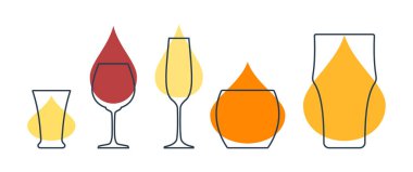 Five glasses with tequila, red wine, champagne whiskey and beer. Glass drinks. Alcohol beverage for restaurant, bar. Symbol party. Different drinks. Isolated flat illustration on white background