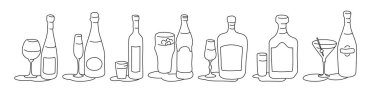 Wine champagne vodka beer liquor rum martini bottle and glass outline icon on white background. Black white cartoon sketch graphic design. Doodle style. Hand drawn image. Party drinks concept