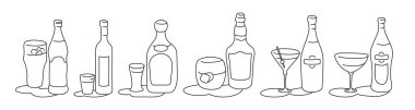 Beer vodka tequila whiskey martini vermouth bottle and glass outline icon on white background. Black white cartoon sketch graphic design. Doodle style. Hand drawn image. Party drinks concept