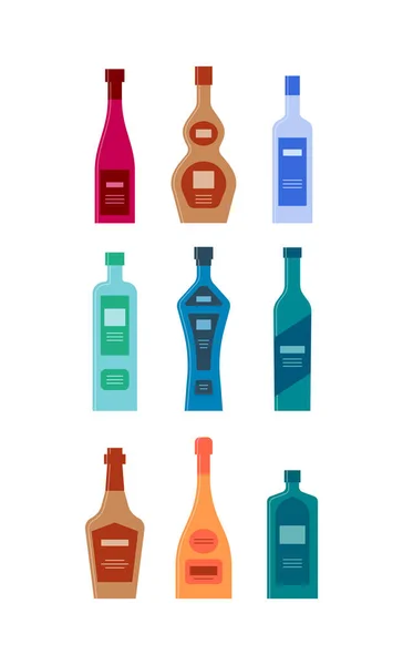 ワインラム酒のセットボトルウォッカジンウイスキー酒ブランデーコニャックシャンパンテキーラ キャップとラベルのアイコンボトル グラフィックデザインの目的は問いません フラットスタイル 色の形 パーティードリンクのコンセプト シンプルな画像形状 — ストックベクタ
