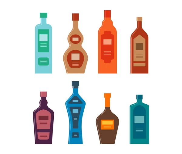 Set Botellas Ginebra Whisky Brandy Coñac Licor Vodka Bálsamo Tequila — Vector de stock