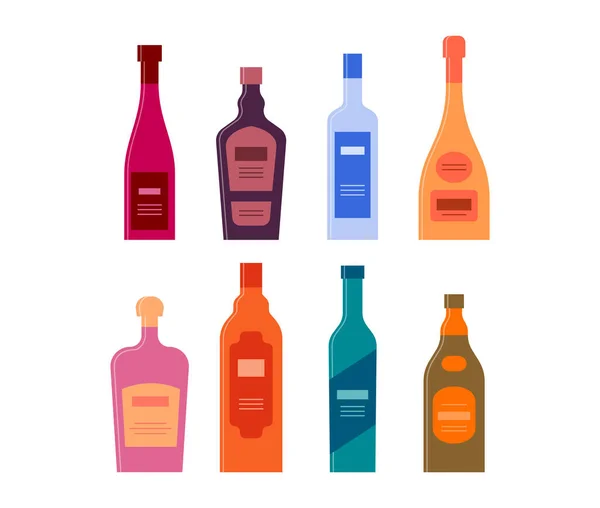 Definir Garrafas Vinho Licor Vodka Champanhe Rum Whisky Gin Bálsamo —  Vetores de Stock
