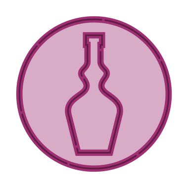 Bir şişe içkinin düz bir şekilde ince çizgiler halinde resmedilmiş hali. Arka planda renkli içecek çemberi var. İzole nesne tasarımı içeceği. Restoran, bar ve parti için basit bir simge