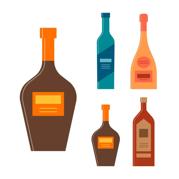 Set Botellas Licor Vodka Champán Bálsamo Ron Botella Icono Con — Vector de stock