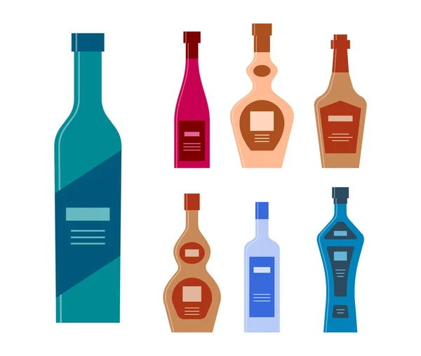 Set Flaschen Gin Wein Sahne Whiskey Likör Wodka Tequila Symbolflasche — Stockvektor