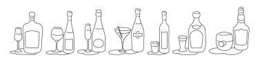 Likör şarabı şampanya, martini, tekila, viski şişesi ve beyaz arka planda cam taslak ikonu. Siyah beyaz çizgi film çizimi grafik tasarım. Doodle tarzı. Elle çizilmiş görüntü. Parti içkileri konsepti